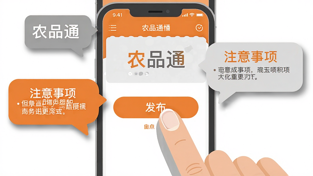 主体为一部手机和一只手,手指正点击农品通APP的发布按钮;布局为手机屏幕占据画面中心,周围有提示气泡;排版上气泡内写有“农品通”和注意事项文字;风格为扁平插画风,橙色和灰色为主;细节上手指有指甲细节,气泡有阴影;画质高清,干净,无多余元素