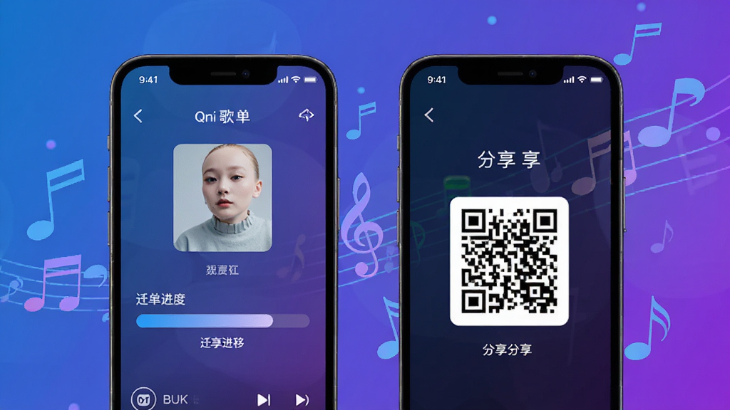 Qni歌单迁移分享功能展示,画面中一部手机屏幕显示歌单迁移进度条,另一部手机显示分享二维码,背景有音乐符号飘动,整体色调为蓝紫色渐变,现代科技风格,高清画质,干净整洁