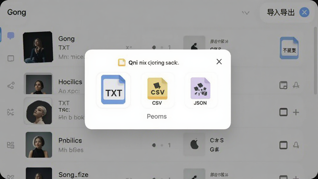 Qni歌单导入导出操作界面,画面展示文件格式选择弹窗,包含TXT、CSV、JSON等格式图标,背景是歌单列表,界面采用浅色主题,圆角卡片设计,风格清新简约,高清画质,无多余元素