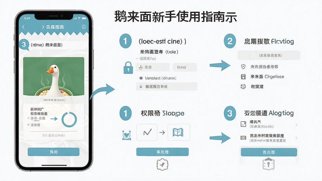 鹅来面新手使用指南示意图,主体为手机屏幕展示操作步骤,布局为分步图解,排版清晰,风格为扁平化教程风,细节包含步骤序号、箭头指引、权限设置界面,画质高清,干净,无多余元素