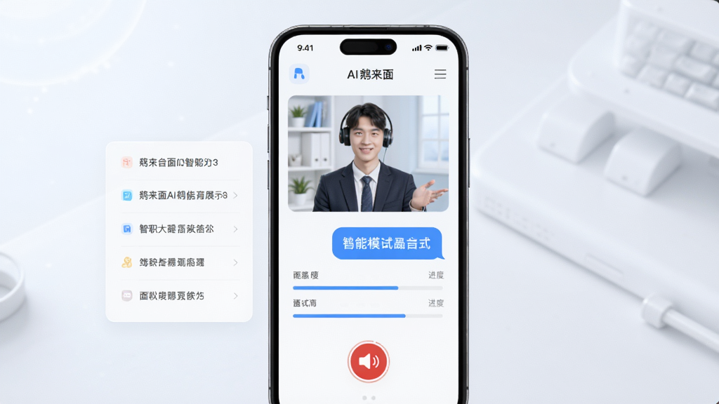 鹅来面AI智能模拟面试功能展示图,画面主体为手机屏幕中AI面试官与求职者对话场景,布局为上下结构,排版整洁,风格为清新科技风,细节包含面试问题列表、进度条、录音按钮,画质高清,干净,无多余元素