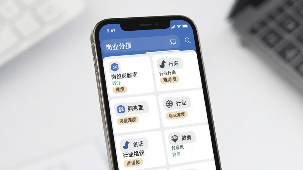 鹅来面海量岗位题库界面展示,主体为手机屏幕中分类清晰的岗位列表,布局为网格与列表结合,排版规整,风格为简约商务风,细节包含行业图标、岗位名称、难度标签,画质高清,干净,无多余元素