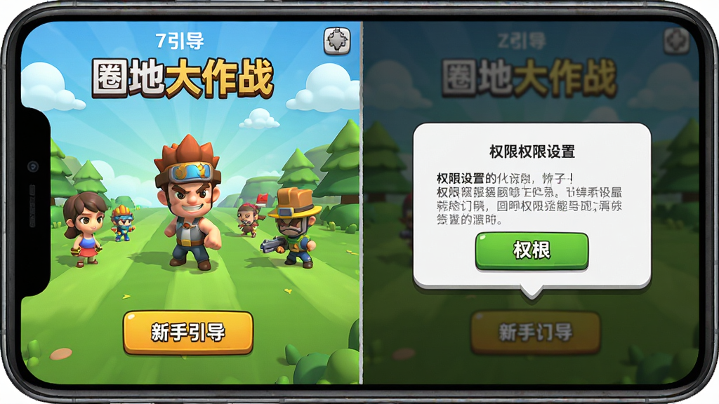 “圈地大作战”手机游戏运行画面,展示新手引导界面和权限设置弹窗,画面中有清晰的按钮和说明文字,卡通风格,布局简洁,高画质,干净无多余元素