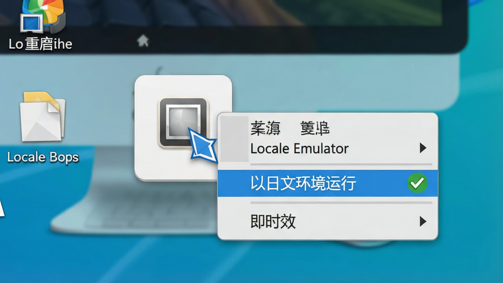 һ��չʾLocale Emulator������ת�����ܵĻ��棬�����ǵ������棬������һ������ͼ�걻�Ҽ�����������˵��С�Locale Emulator���Ӳ˵�չ������ʾ�������Ļ������С�ѡ��Ա���һ����ɫ�Թ���ʶ��ʾ��ʱ��Ч������Ϊ������У��˵�չ����ͼ���Ҳࣻ��������죬ϸ����ͻ���˵�ѡ����ͼ�꣬�����������ɾ��޶���Ԫ�ء�