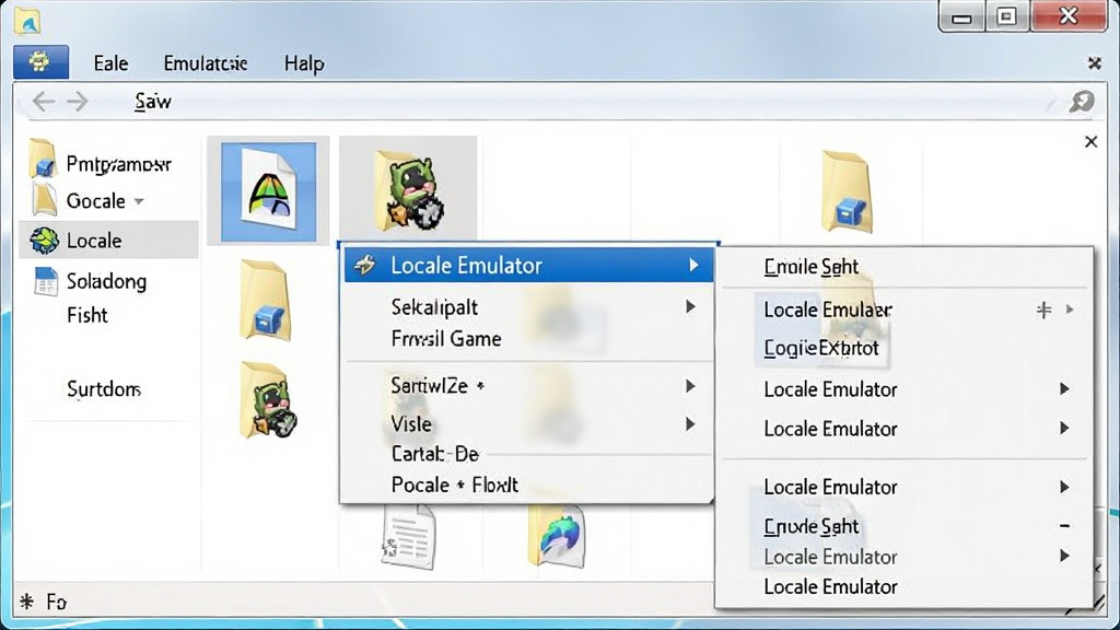 һ��չʾLocale Emulator�Ҽ��˵�����������ܵĻ��棬������Windows�ļ��д��ڣ�һ����Ϸ��ִ���ļ���ѡ�в��Ҽ�������Ҽ��˵��С�Locale Emulator��ѡ�������ʾ���Ӳ˵�չ���������ѡ�����Ϊ�ļ��д��ھ��У��˵�չ�����ļ��ԣ����ӽ���ʵWindows���棬ϸ����ͻ���Ҽ��˵����ļ�ͼ�꣬�����������ɾ��޶���Ԫ�ء�