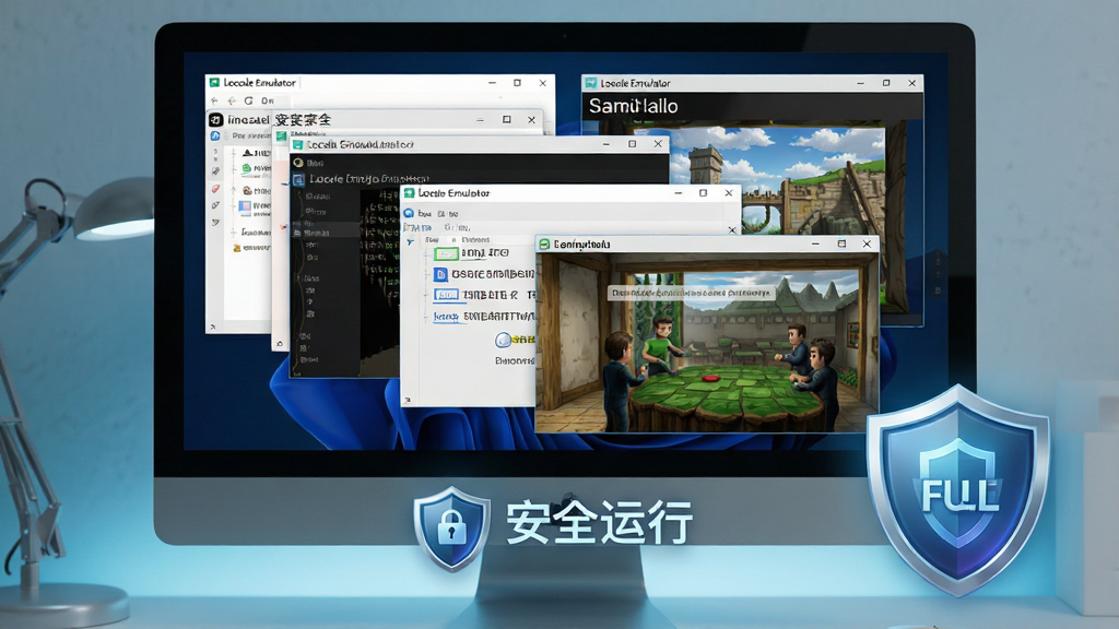 һ��չʾLocale Emulator�������밲ȫ�ԵĻ��棬������һ̨������Ļ����Ļ��ͬʱ�򿪶����ͬ����ĳ��򴰿ڣ�ÿ�����ڱ�������ʾ��ͬ���ԣ���Ļ�·���һ������ͼ��͡���ȫ���С�����������Ϊ�ര�ڲ�����У�����ͼ��λ�����½ǣ����Ƽ���ʮ�㣬ϸ����ͻ���������Բ����밲ȫ��ʶ�������������޶���Ԫ�ء�