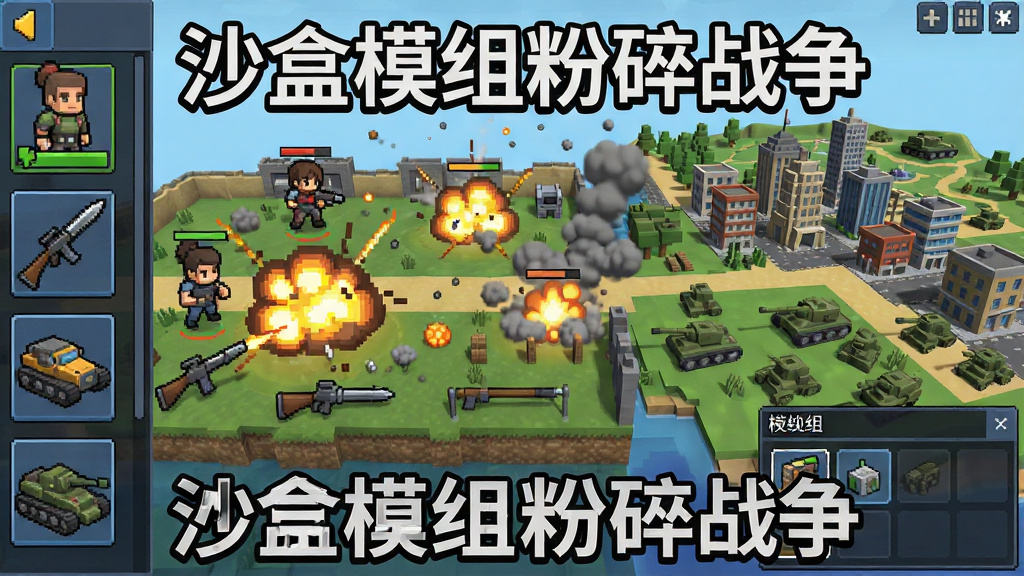 一张展示沙盒模组粉碎战争游戏主界面的图片,画面中央是像素风格的战场沙盒场景,左侧排列着角色、武器、载具等模组图标,右侧是广阔的开放地图,地图上有城市建筑和军事单位,整体布局清晰,排版采用游戏UI风格,风格为卡通像素与3D结合,细节包括爆炸特效、烟雾粒子和模组选择面板,画质清晰干净,画面中带有文字“沙盒模组粉碎战争”,无多余元素