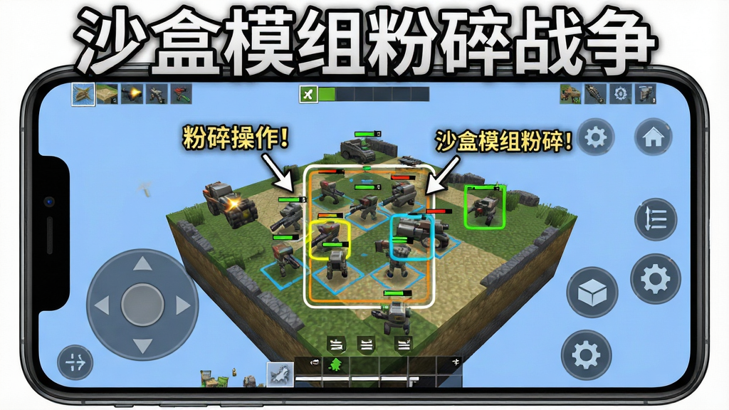 一张展示沙盒模组粉碎战争新手操作界面的图片,画面主体是手机屏幕上的游戏画面,布局为横屏显示,左侧虚拟摇杆,右侧功能按钮,中间是沙盒地图与单位,风格为教程示意图,细节包括高亮标注的操作区域和提示文字,画质清晰干净,画面中带有文字“沙盒模组粉碎战争”,无多余元素