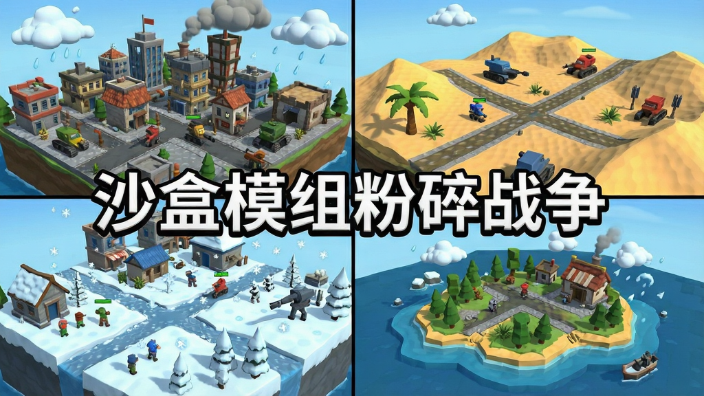一张展示沙盒模组粉碎战争多场景地图的图片,画面分为四个区域分别展示城市、沙漠、雪地和海岛地图,布局采用网格排列,风格为卡通渲染,细节包括不同地形上的建筑、单位和天气效果,画质清晰干净,画面中带有文字“沙盒模组粉碎战争”,无多余元素