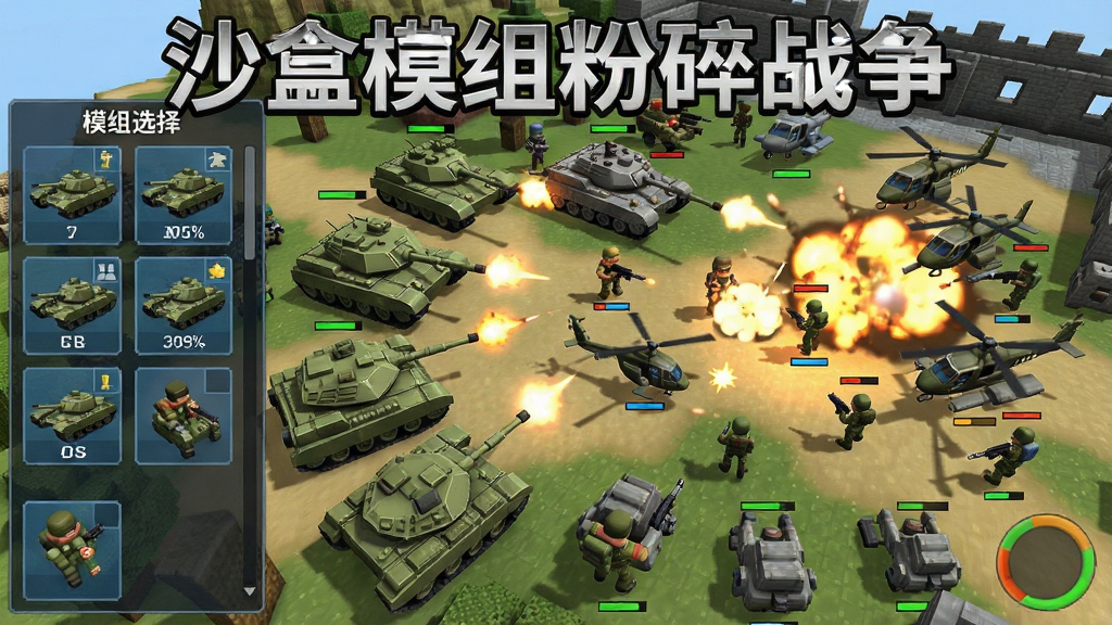 一张展示沙盒模组粉碎战争模组组合玩法的图片,画面主体是沙盒地图中多个阵营单位正在交战,布局采用俯视视角,左侧有模组选择栏,右侧是战斗区域,风格为卡通写实,细节包括坦克、直升机、士兵和爆炸火光,画质清晰干净,画面中带有文字“沙盒模组粉碎战争”,无多余元素