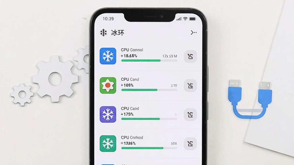 一部安卓手机屏幕显示“冰环”应用的后台资源管理界面,列表中展示多个应用的CPU和内存占用百分比,部分应用旁有清理按钮,背景为白色简洁风格,手机旁边有齿轮和蓝色数据线图标,布局清晰,风格现代,细节干净,无多余元素