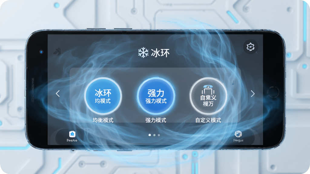 安卓手机屏幕显示“冰环”应用散热模式选择界面,三个圆形按钮分别标注均衡模式、强力模式和自定义模式,手机周围有蓝色冷气环绕,背景为浅色科技风格,布局整齐,风格清爽,细节清晰,画质干净,无多余元素