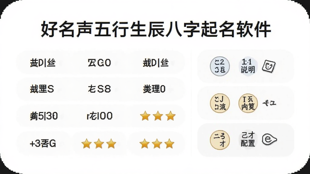 界面展示一个名字评分卡片,上面列有五格数理分数和星级评价,旁边有三才配置的简要说明,卡片采用圆角设计,背景为白色,文字清晰,标题为