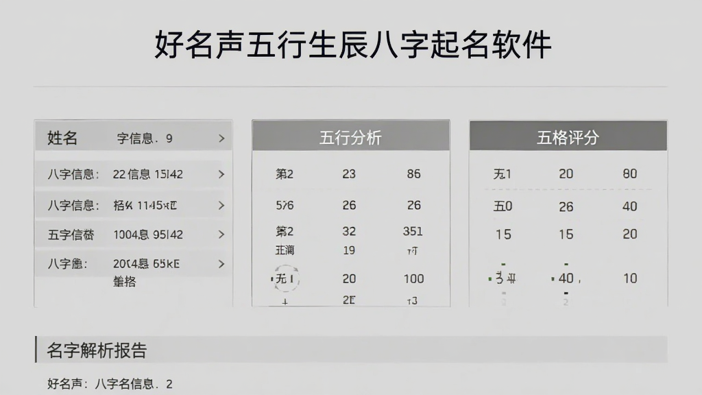 画面展示一份名字解析报告,页面上有姓名、八字信息、五行分析、五格评分等分栏内容,排版像一份正式文档,背景为淡灰色,标题文字为