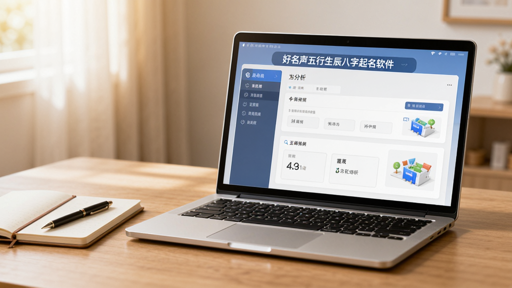 一台笔记本电脑放在木质桌面上,屏幕显示起名软件的分析界面,旁边有一本笔记本和一支笔,环境光线柔和,整体氛围安静温馨,屏幕上可见