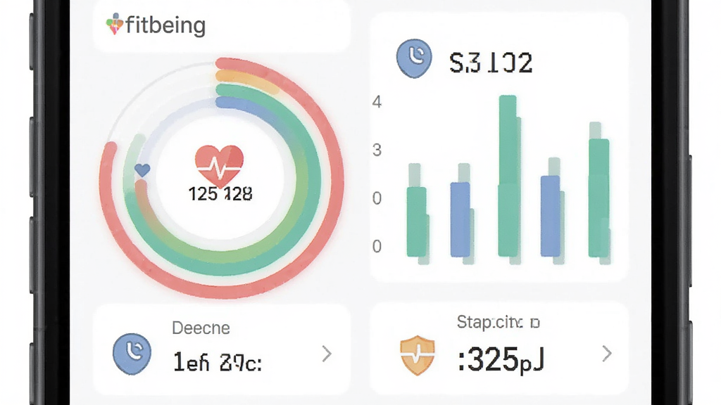 Fitbeing应用内的健康数据仪表盘界面截图风格图,主体为手机屏幕显示彩色环形进度条与柱状图,布局为上下结构,排版清晰,风格为清爽扁平化UI设计,细节包括心率数值、睡眠时长图标和步数统计数字,画质高清,干净,无多余元素
