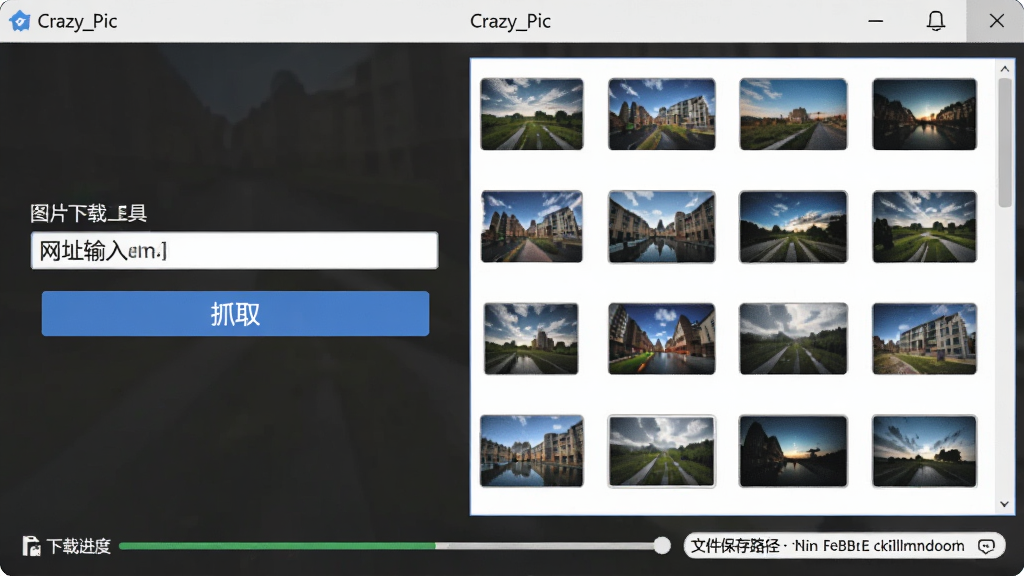 软件主界面全景展示,画面中央是图片下载工具(Crazy_Pic)的窗口,左侧为网址输入框与抓取按钮,右侧为图片缩略图网格预览区,底部显示下载进度条与文件保存路径,整体布局清晰,风格简洁现代,界面文字使用中文,画质清晰干净,无多余元素