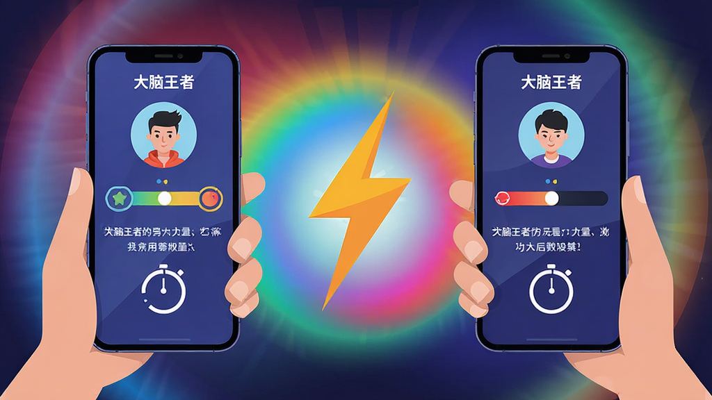 一幅描绘两名玩家通过手机进行答题对战的数字插画,画面左侧和右侧各有一部手机,手机屏幕分别显示“大脑王者”的玩家头像和分数条,中间是闪电形状的对战符号,背景为动感的彩色光晕,布局左右对称,风格为现代扁平插画,细节包括手机屏幕上的题目文字和计时圆环,画质清晰,干净,无多余元素