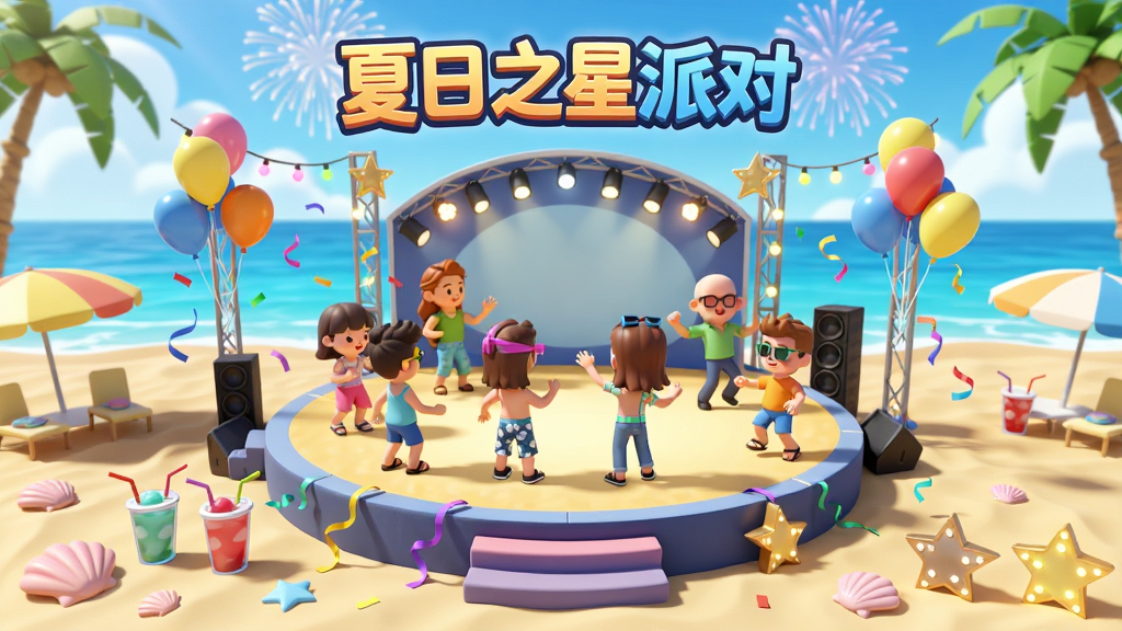 主体是一个阳光明媚的夏日海滩派对场景,画面中央放置一个巨大的圆形舞台,舞台上有多个卡通风格的角色正在跳舞和互动,舞台周围漂浮着彩色气球和彩带,背景是蔚蓝的大海和蓝天白云,远处有烟花绽放,布局采用中心对称构图,舞台居中、角色环绕四周,排版上软件名称