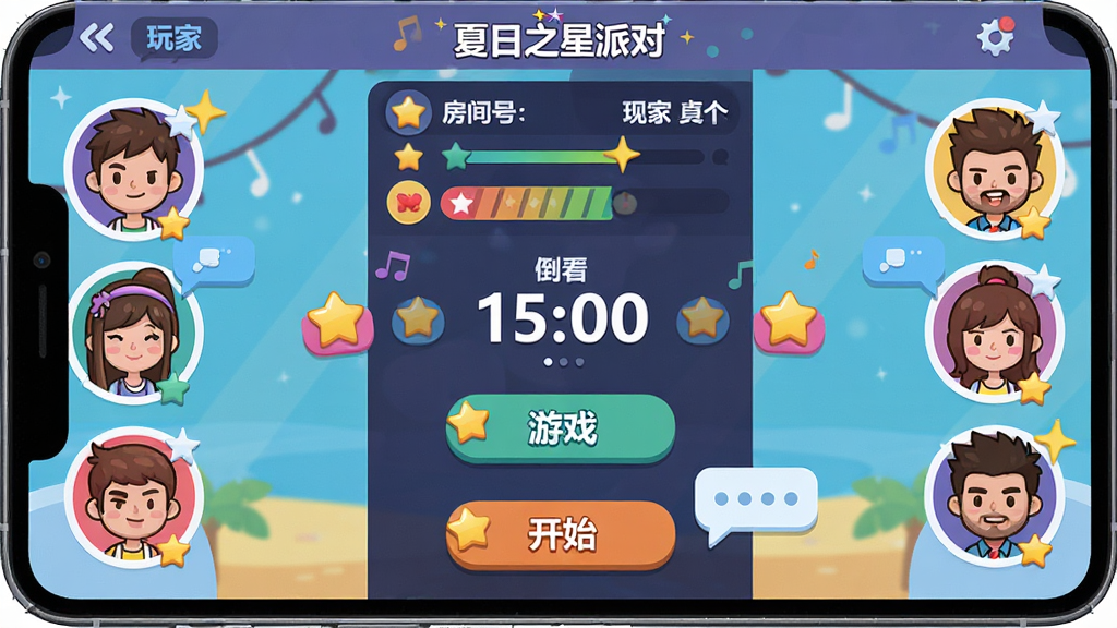 主体是一个手机屏幕界面展示夏日之星派对的多人在线对战大厅,画面中有六个卡通角色头像排列在屏幕两侧,中间是倒计时和游戏模式选择按钮,布局采用上下结构、上方显示房间号和玩家列表、下方是开始按钮,排版上软件名称