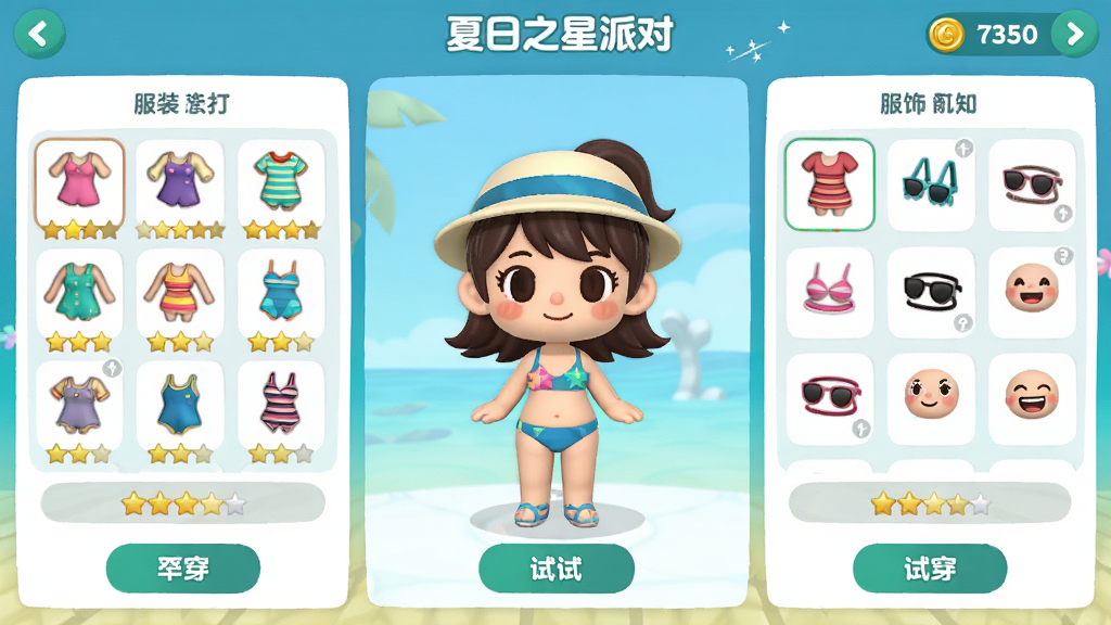 主体是一个卡通角色换装界面展示夏日之星派对中的角色自定义系统,画面中央是一个可爱的卡通角色正在试穿夏日泳装,左右两侧是服装和配饰的选项面板,布局采用左中右三栏结构、左侧为服装分类、中间为角色预览、右侧为配饰和表情选择,排版上软件名称