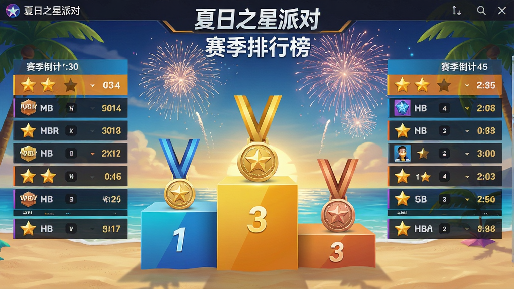 主体是一个夏日之星派对的赛季排行榜界面截图,画面中央是前三名玩家的领奖台展示,左右两侧是排行榜列表,背景是夏日海滩和烟花,布局采用金字塔式构图、领奖台位于中央最高处、排行榜列表分列两侧,排版上软件名称
