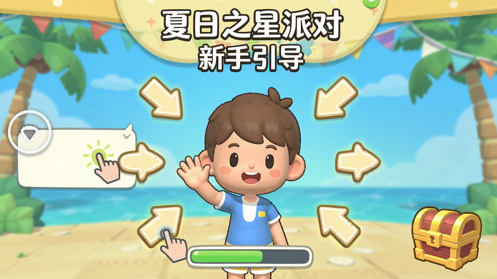 主体是夏日之星派对游戏中的新手引导界面,画面中央是一个卡通角色正在向玩家挥手示意,旁边有箭头指向操作按钮,布局采用中心角色加四周指示箭头的放射状构图,排版上软件名称