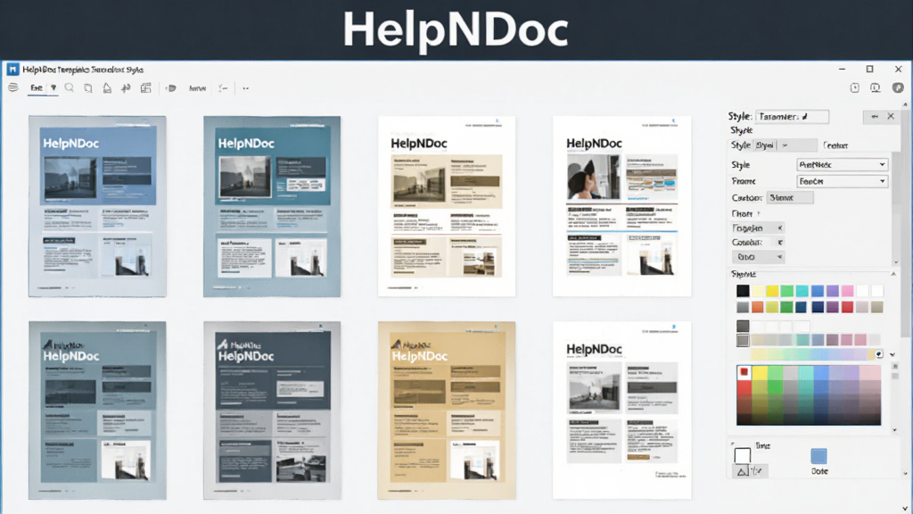 一幅展示HelpNDoc模板与样式系统的图片,画面中HelpNDoc软件名称出现在顶部,下方展示多个文档模板缩略图,包括不同配色与排版风格,主体为模板选择界面,布局为网格排列,排版清晰,风格为简洁商务插画风格,细节包括模板预览图、样式参数面板、颜色选择器,画质清晰,干净,无多余元素