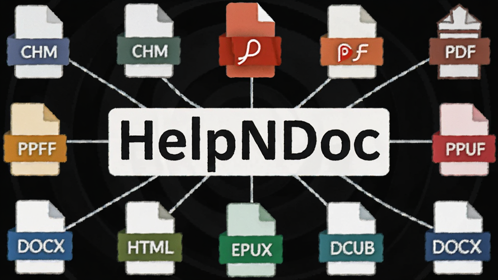 一幅展示HelpNDoc多格式输出功能的图片,画面中HelpNDoc软件名称以文字形式出现在中央位置,周围环绕CHM、PDF、HTML、EPUB、DOCX等格式图标,主体突出,布局为放射状排列,排版整齐,风格为扁平化科技插画风格,细节包括各格式图标颜色区分、连接线条、软件名称标注,画质清晰,干净,无多余元素