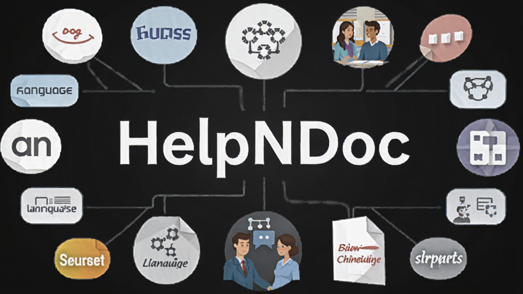 一幅展示HelpNDoc多语言与协作功能的图片,画面中央是HelpNDoc软件名称,周围环绕多种语言标识与协作图标,主体突出,布局为环绕式排列,排版整齐,风格为现代扁平插画风格,细节包括语言标签、人物协作图标、文档节点连接线,画质清晰,干净,无多余元素
