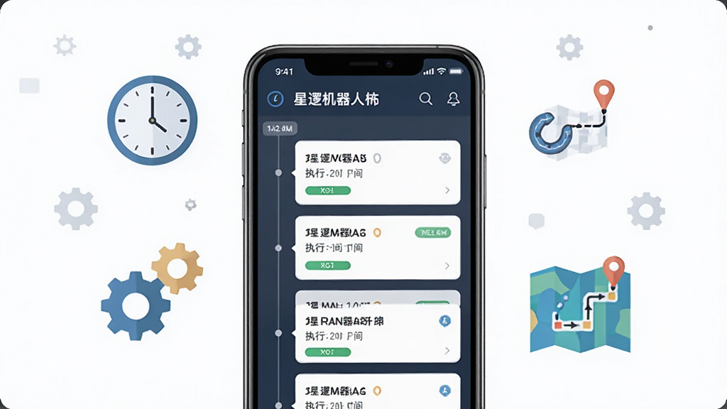 一幅表现星逻机器人任务调度管理功能的场景图,画面中央是手机屏幕,显示星逻机器人的任务列表界面,有多个任务卡片按时间轴排列,每个卡片上有任务名称、执行时间和状态标签,屏幕周围漂浮着时钟、齿轮和路线图等图标,背景是简洁的白色,风格为现代扁平化设计,画质高清,干净无多余元素
