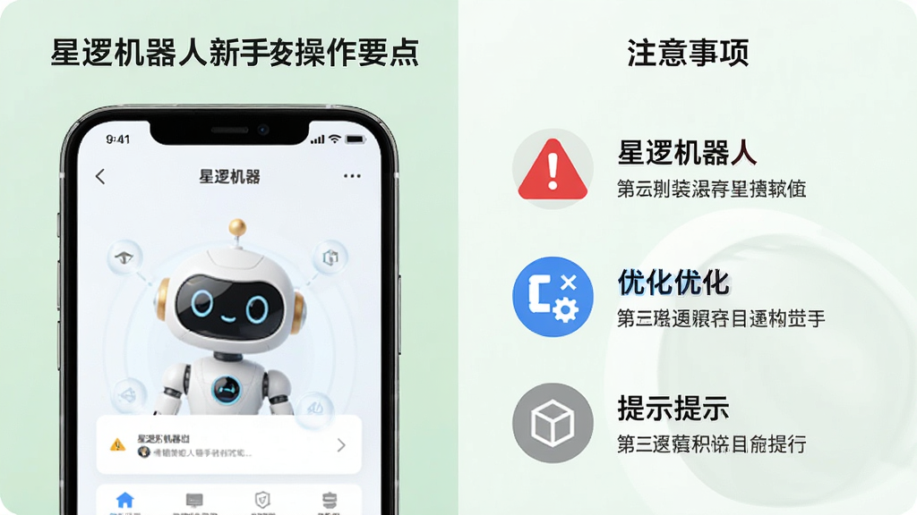 一幅展示星逻机器人新手操作要点的信息图,画面分为左右两部分,左侧是手机安装界面示意,右侧是注意事项列表,包含红色警示图标、蓝色优化图标和灰色提示图标,背景是柔和的浅绿色,风格为简洁的信息图设计,文字清晰,画质高清,干净整洁