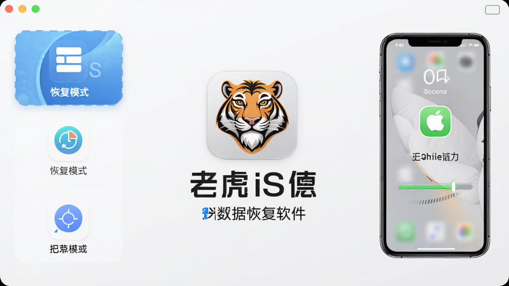 老虎iOS数据恢复软件主界面展示,画面中央是软件logo和名称,左侧显示三种恢复模式图标,右侧是连接成功的iPhone设备示意图,整体布局清晰,排版简洁,风格为现代科技感,细节包含数据图标和扫描进度条,画质高清,干净,无多余元素
