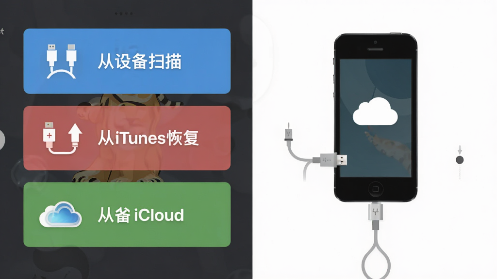 老虎iOS数据恢复软件三种恢复模式界面,画面左侧显示从设备扫描、从iTunes恢复、从iCloud恢复三个大按钮,右侧是手机连接示意图,布局左右分栏,排版整齐,风格为扁平化设计,细节包含数据线连接图标和云朵图标,画质高清,干净,无多余元素