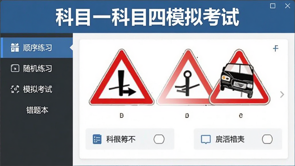 软件主界面截图,画面中央是科目一科目四模拟考试软件窗口,左侧为功能导航栏包含顺序练习、随机练习、模拟考试、错题本等选项,右侧显示一道交通标志选择题及四个选项,顶部有科目一科目四模拟考试标题文字,整体布局清晰,风格简洁商务,画质干净无多余元素,适合软件下载站展示
