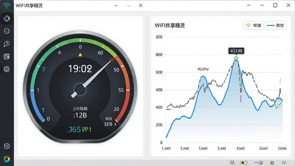 一张展示WIFI共享精灵网速监控功能的图片,主体是软件界面中的网速仪表盘和曲线图,布局为仪表盘居左、曲线图居右,排版对称平衡,风格为数据可视化科技风,细节包括上传下载数值、动态曲线、峰值标记,画质高清,干净无多余元素