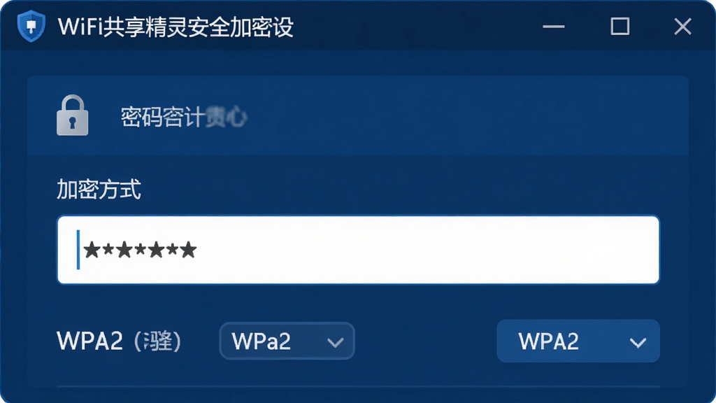 一张展示WIFI共享精灵安全加密设置的图片,主体是软件设置界面中的密码输入框和加密方式选择,布局为设置项纵向排列,排版清晰明了,风格为安全防护主题的深蓝色调,细节包括锁形图标、密码星号显示、WPA2标识,画质高清,干净无多余元素