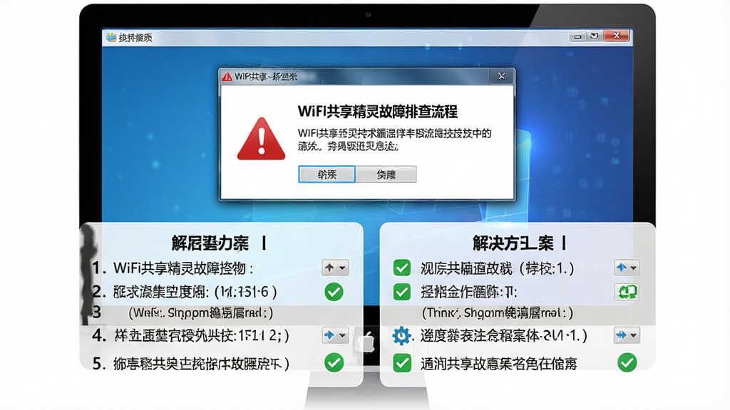 一张展示WIFI共享精灵故障排查流程的图片,主体是电脑屏幕上显示软件错误提示框和解决方案列表,布局为提示框居中、解决方案列表在下方,排版层次分明,风格为技术支持文档风格,细节包括红色警告图标、步骤编号、绿色对勾标记,画质高清,干净无多余元素