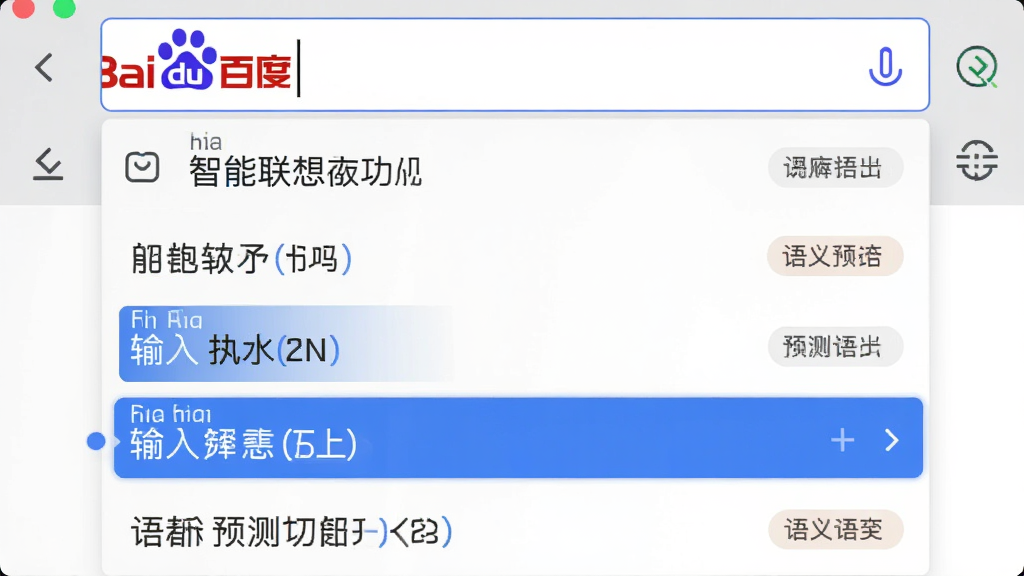 百度输入法联想版智能联想功能展示,主体为输入框下方展开的候选词面板,布局为纵向列表排列,排版整齐有序,风格为扁平化设计,细节包含高亮选中的蓝色候选词、拼音串与汉字对应关系、语义预测标签,画质清晰干净无多余元素