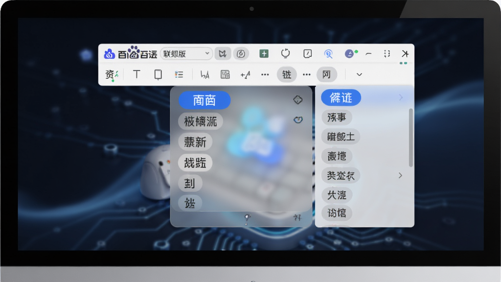 百度输入法联想版软件主界面展示,主体为电脑屏幕中央显示输入法状态栏与候选词窗口,布局采用居中构图,排版简洁清晰,风格为现代科技感UI设计,细节包含蓝色渐变图标、半透明毛玻璃候选框、中文词组联想列表,画质高清干净无多余元素