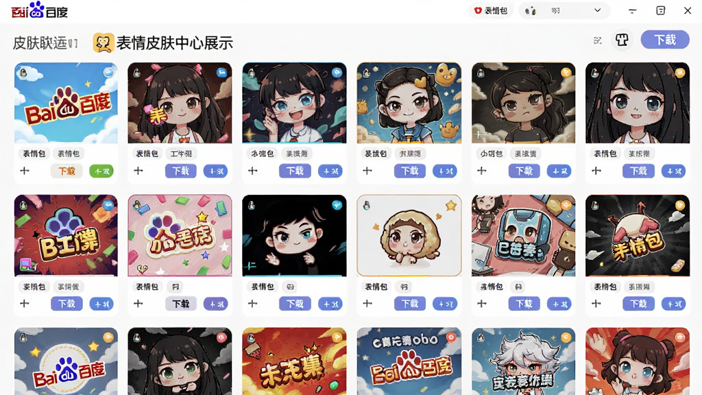 百度输入法联想版表情皮肤中心展示,主体为软件皮肤选择界面,布局为网格状缩略图排列,排版紧凑美观,风格为活泼多彩设计,细节包含多款不同风格皮肤预览图、表情包分类标签、下载按钮,画质清晰干净无多余元素