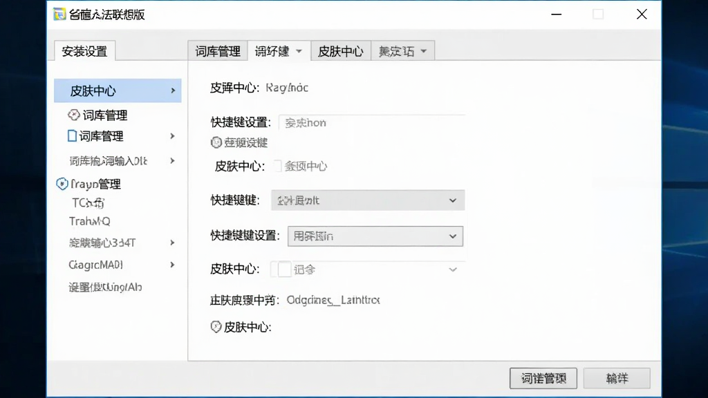 百度输入法联想版安装设置界面截图,主体为电脑屏幕显示的输入法属性设置窗口,布局为左侧菜单栏与右侧内容区,排版规整,风格为Windows系统原生设置界面,细节包含词库管理、快捷键设置、皮肤中心等选项卡,画质清晰干净无多余元素