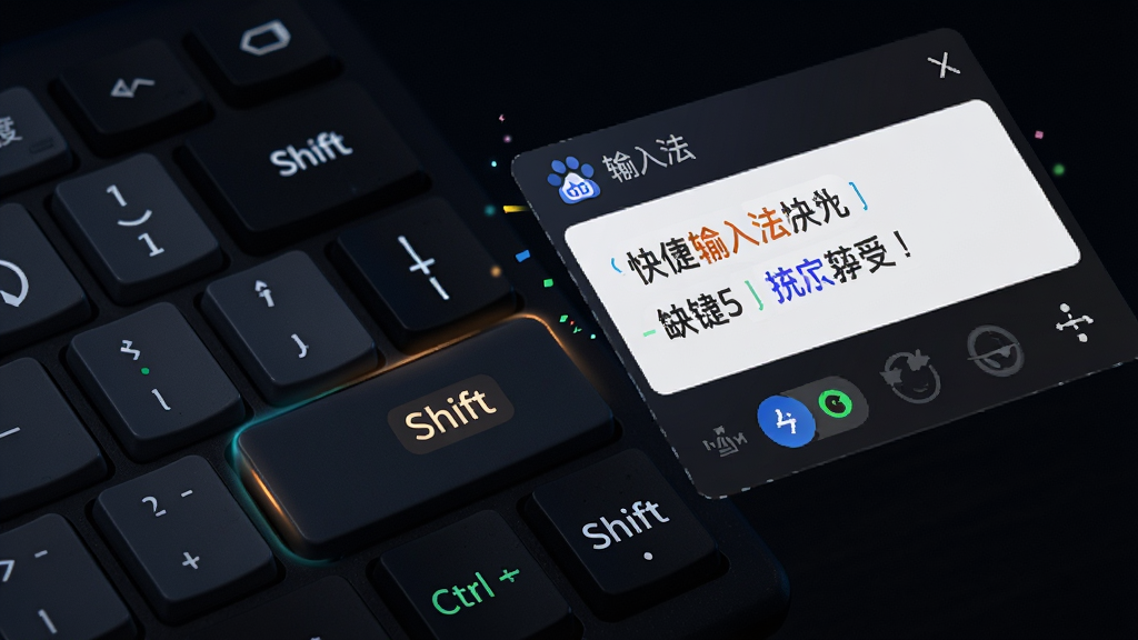 百度输入法联想版快捷键操作展示,主体为键盘特写与屏幕提示框,布局为对角线构图,排版动感活泼,风格为科技感暗色调,细节包含高亮的Ctrl、Shift按键、屏幕上显示的快捷键提示浮层、输入法状态切换图标,画质高清干净无多余元素