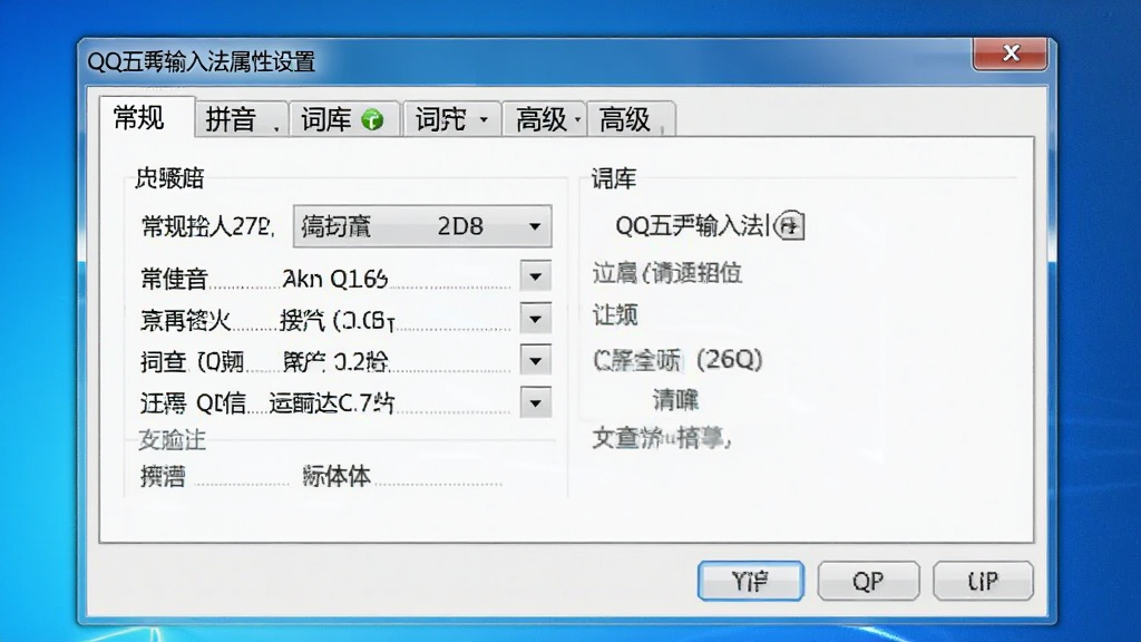 一张展示QQ五笔输入法属性设置界面的图片,画面主体为电脑屏幕显示输入法设置面板,布局分为多个选项卡,排版清晰,风格为Windows系统原生设置界面,细节包括常规、拼音、词库、高级等选项标签,画质高清,干净,无多余元素