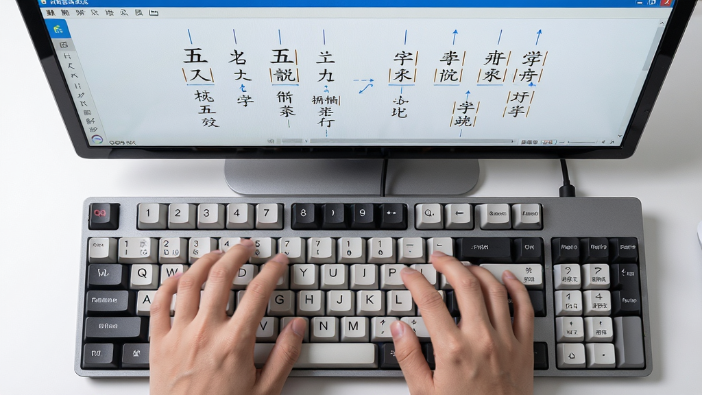 一张展示QQ五笔输入法打字练习场景的图片,画面主体为双手在键盘上快速敲击,屏幕显示五笔字根拆解动画,布局为俯视视角,排版突出键盘与屏幕的互动,风格为写实科技风,细节包括清晰的键位标识和字根提示,画质高清,干净,无多余元素