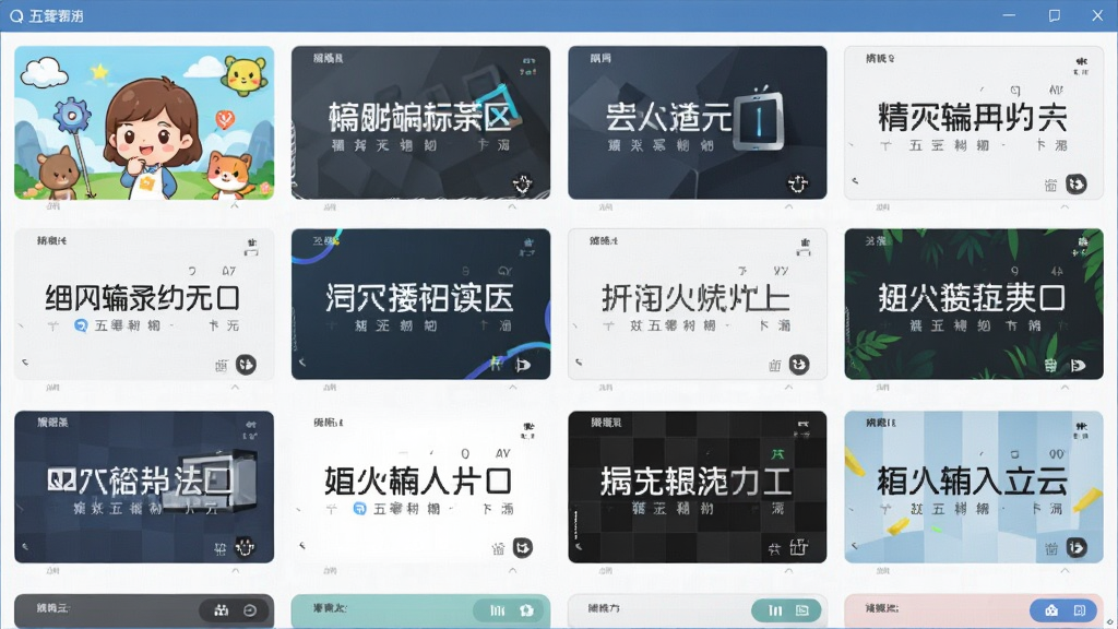 一张展示QQ五笔输入法皮肤更换界面的图片,画面主体为多个不同风格的输入法皮肤预览图排列展示,布局为网格状,排版整齐,风格为清新多彩,细节包括卡通、商务、极简等多种皮肤样式,画质高清,干净,无多余元素
