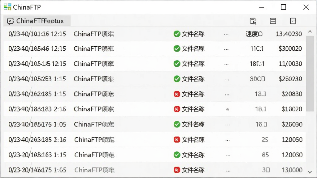 ChinaFTP����������־����չʾ������Ϊ��־��Ϣ��壬��ʾʱ������ļ����ơ�����״̬���ٶ���ֵ���Ű��������У�������ż���ϸ�ڰ�����ɫ�ɹ���ʶ����ɫʧ�ܱ�ʶ����ɫ��ͨ��Ϣ���֣������������ɾ����޶���Ԫ��