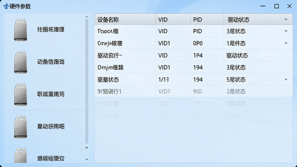 软件界面中展示多个U盘设备图标排列在左侧列表中,右侧显示详细的硬件参数表格,包括设备名称、VID、PID、驱动状态等字段,背景为浅蓝色渐变,界面风格简洁现代,文字使用中文标注,画面干净整洁,无多余装饰元素,画质清晰,1920x1080分辨率