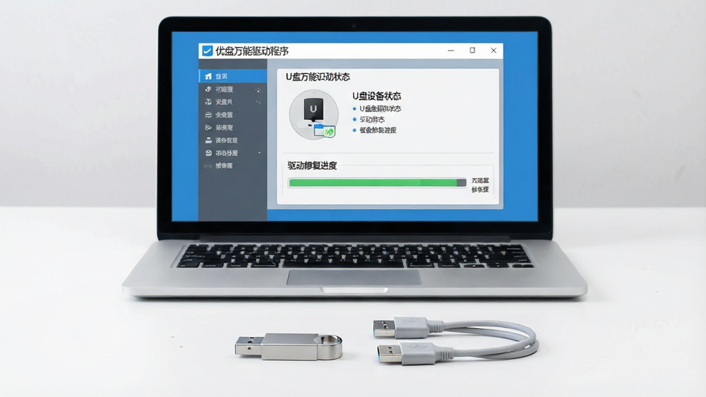 一台打开的笔记本电脑放置在干净整洁的白色桌面上,屏幕中显示“优盘万能驱动程序”主界面,界面左侧为功能导航栏,右侧为U盘设备识别状态与驱动修复进度条,画面中央摆放着一只银色U盘和一根USB数据线,整体采用扁平化科技风格,配色以蓝白灰为主,细节清晰,光线柔和均匀,画质干净无多余元素,1920x1080分辨率