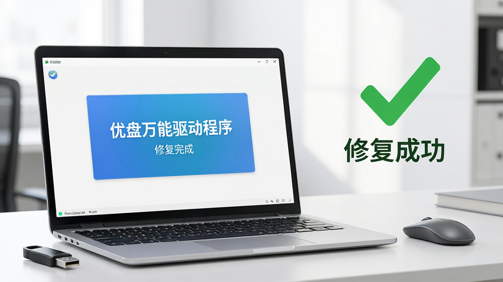 一台笔记本电脑屏幕显示“优盘万能驱动程序”修复完成界面,画面右侧展示绿色对勾和“修复成功”提示,桌面上放着一只U盘和一只鼠标,背景为简洁的办公环境,光线柔和,风格写实,画面干净无多余物品,画质高清,1920x1080分辨率